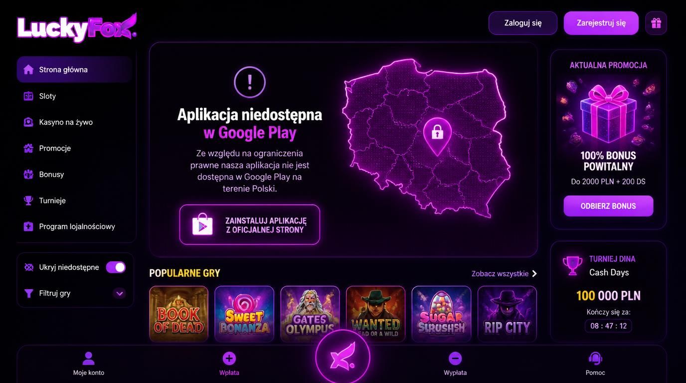 Interfejs z wiadomością o braku aplikacji w Google Play, Polska mapa i kontrastowy UI kasyna