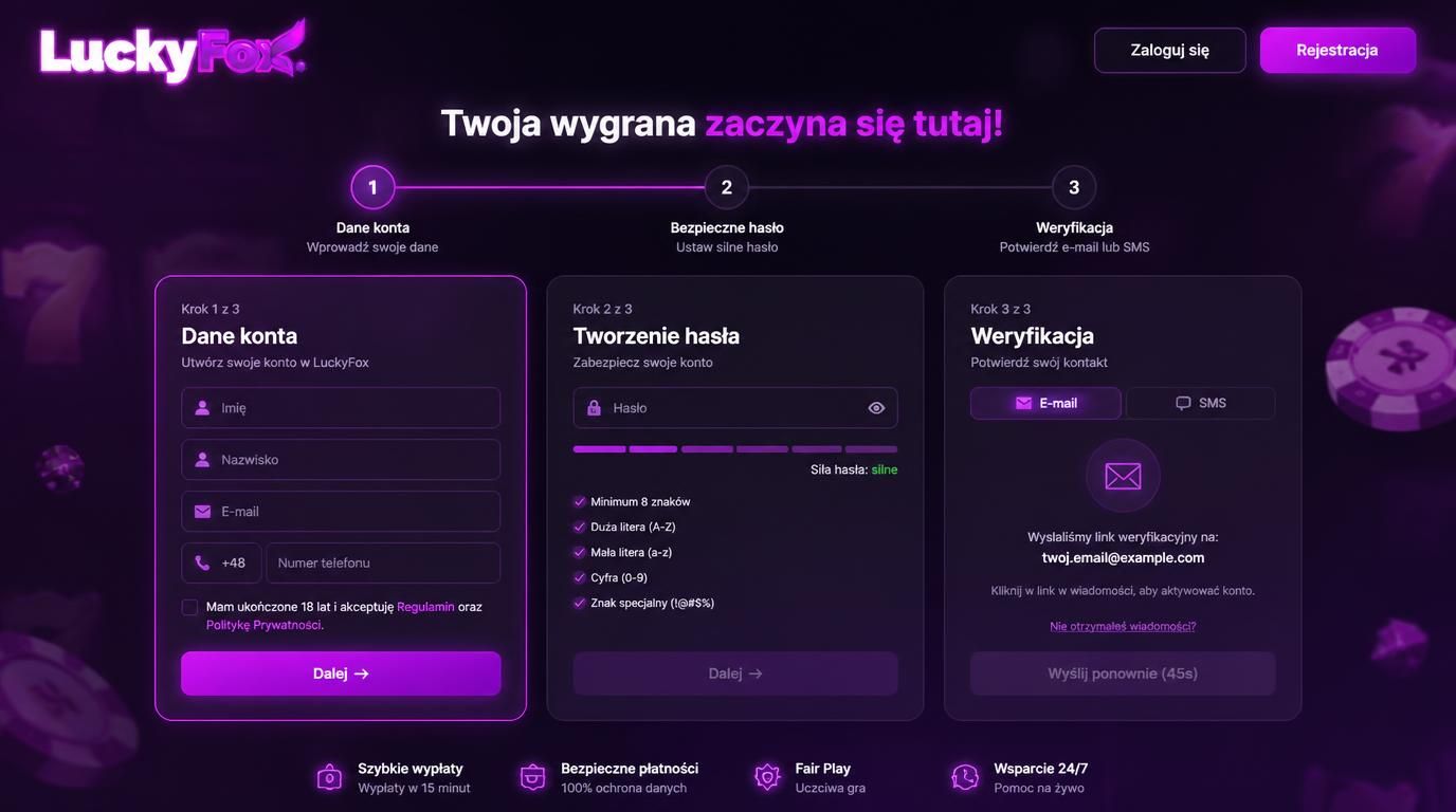 Proces rejestracji krok po kroku z silnym hasłem i potwierdzeniem email